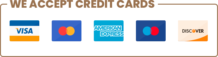 We accept major credit cards: Visa, Mastercard, American Express and Discover